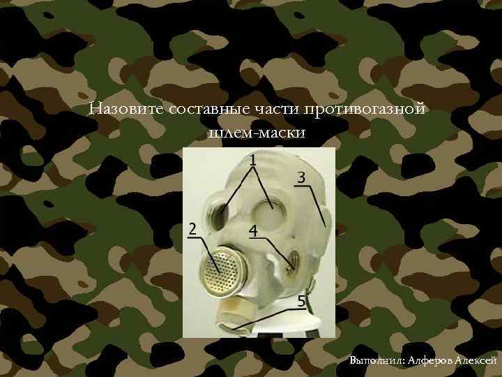 Назовите составные части противогазной шлем-маски Выполнил: Алферов Алексей 