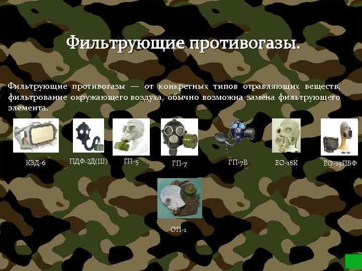 Фильтрующие противогазы — от конкретных типов отравляющих веществ, фильтрование окружающего воздуха, обычно возможна замена