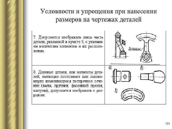 Условности и упрощения при нанесении размеров на чертежах деталей 101 