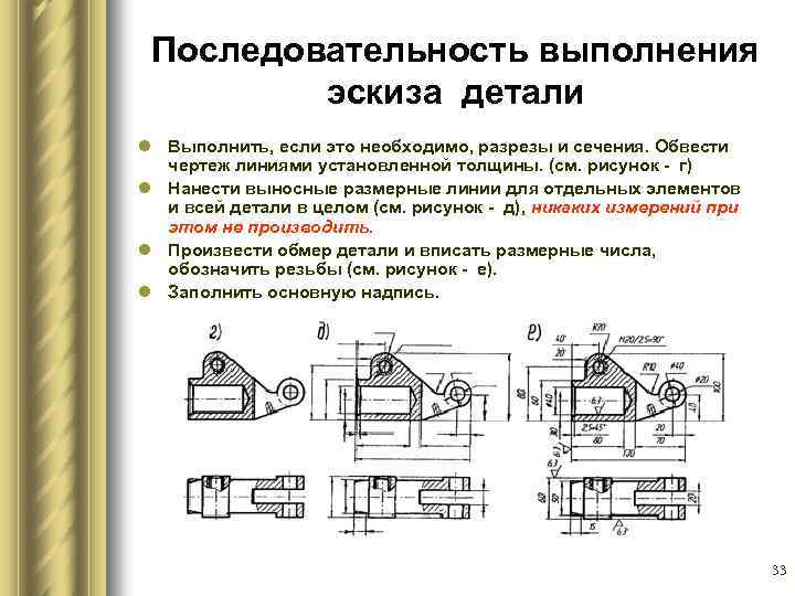 Последовательность выполнения эскиза детали l Выполнить, если это необходимо, разрезы и сечения. Обвести чертеж