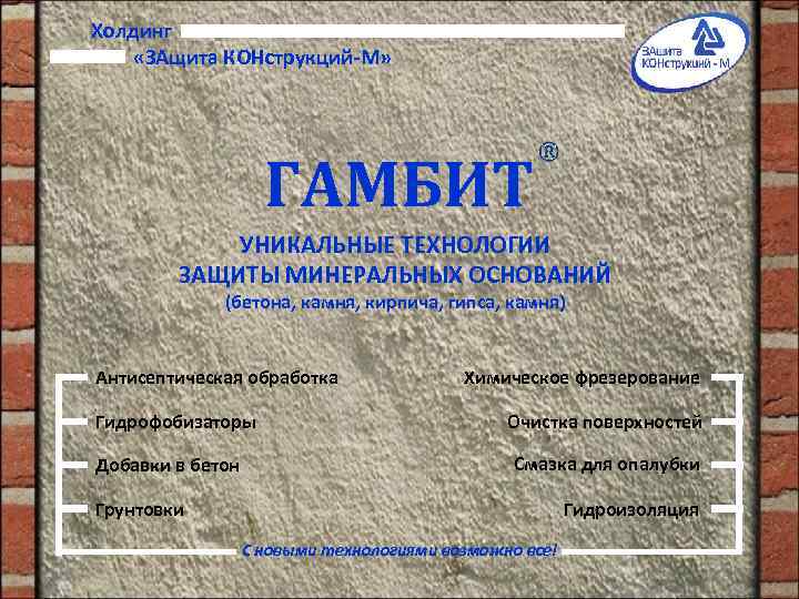  Холдинг «ЗАщита КОНструкций-М» ГАМБИТ УНИКАЛЬНЫЕ ТЕХНОЛОГИИ ЗАЩИТЫ МИНЕРАЛЬНЫХ ОСНОВАНИЙ (бетона, камня, кирпича, гипса,