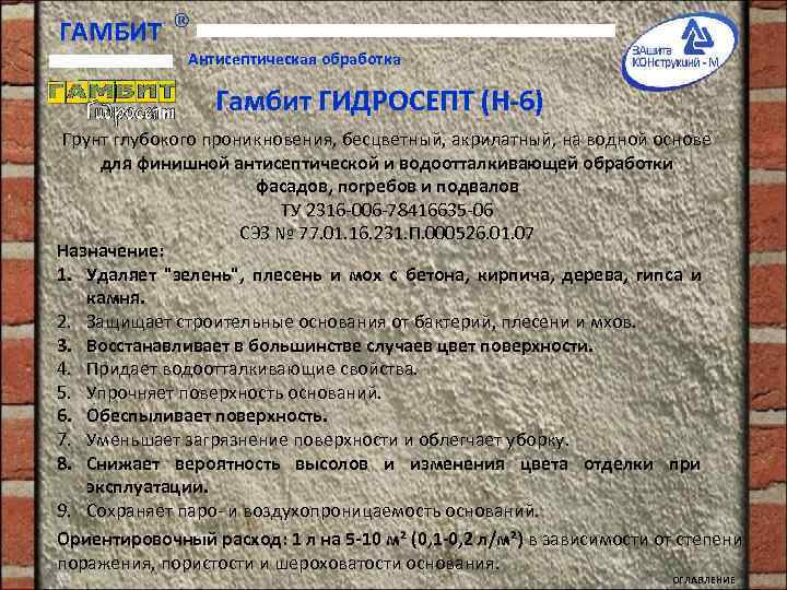 ГАМБИТ Антисептическая обработка Гамбит ГИДРОСЕПТ (Н-6) Грунт глубокого проникновения, бесцветный, акрилатный, на водной основе