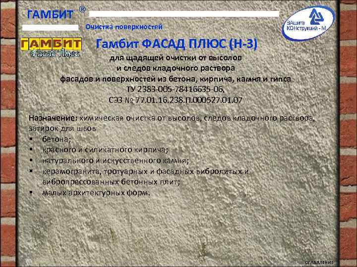 ГАМБИТ Очистка поверхностей Гамбит ФАСАД ПЛЮС (Н-3) для щадящей очистки от высолов и следов