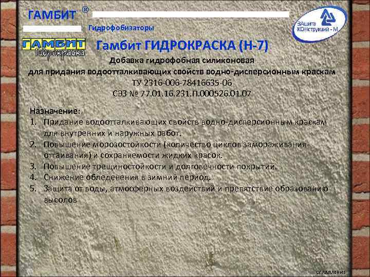 ГАМБИТ Гидрофобизаторы Гамбит ГИДРОКРАСКА (Н-7) Добавка гидрофобная силиконовая для придания водоотталкивающих свойств водно-дисперсионным краскам