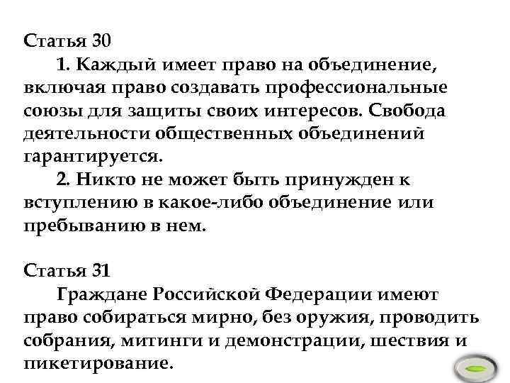 Статья 30 1. Каждый имеет право на объединение, включая право создавать профессиональные союзы для