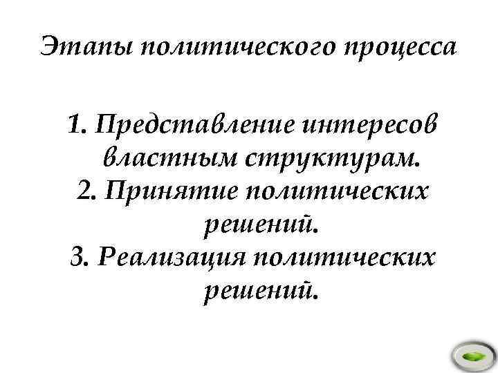 Этапы политического процесса 1. Представление интересов властным структурам. 2. Принятие политических решений. 3. Реализация