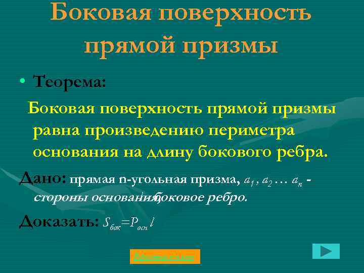 Боковая поверхность прямой призмы • Теорема: Боковая поверхность прямой призмы равна произведению периметра основания