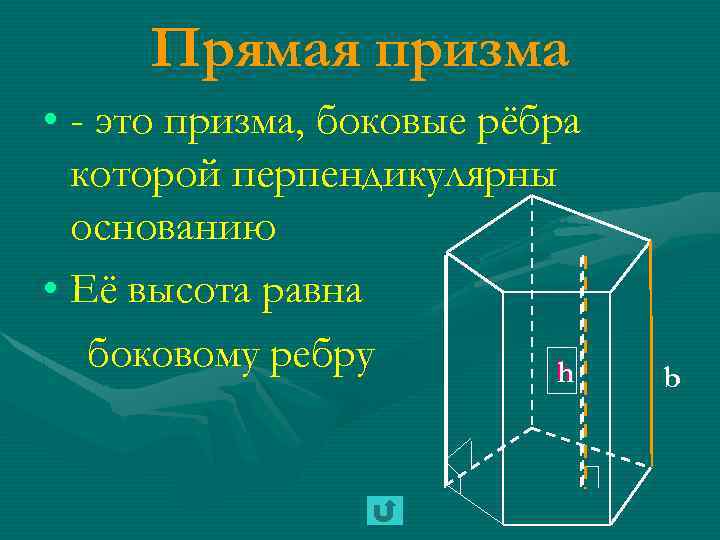 Прямая призма • - это призма, боковые рёбра которой перпендикулярны основанию • Её высота