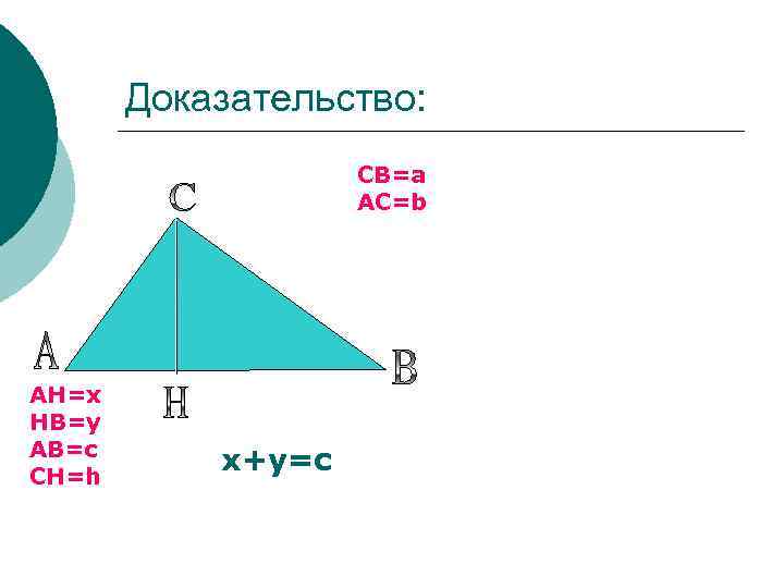 Доказательство: CB=a AC=b AH=x HB=y AB=c CH=h х+у=с 