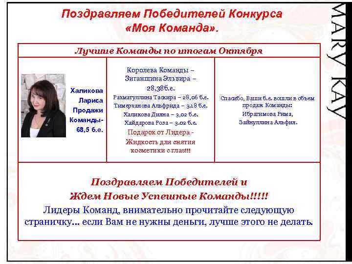 Поздравляем Победителей Конкурса «Моя Команда» . Лучшие Команды по итогам Октября Халикова Лариса Продажи