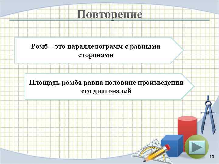 Повторение Ромб – это параллелограмм с равными сторонами Площадь ромба равна половине произведения его