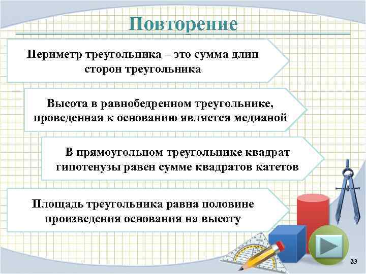 Повторение Периметр треугольника – это сумма длин сторон треугольника Высота в равнобедренном треугольнике, проведенная