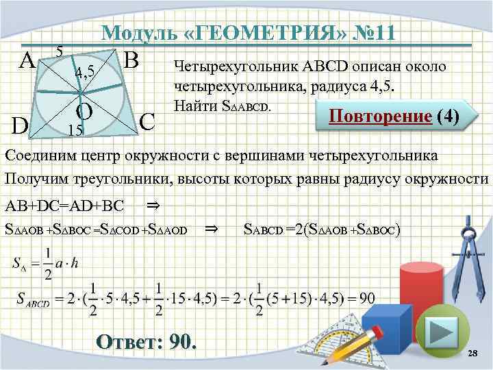 А D Модуль «ГЕОМЕТРИЯ» № 11 5 4, 5 О 15 В С Четырехугольник