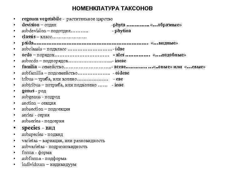 НОМЕНКЛАТУРА ТАКСОНОВ • • • • • regnum vegetabile - растительное царство devision –