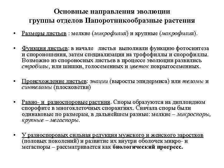 Основные направления эволюции группы отделов Папоротникообразные растения • Размеры листьев : мелкие (микрофилия) и