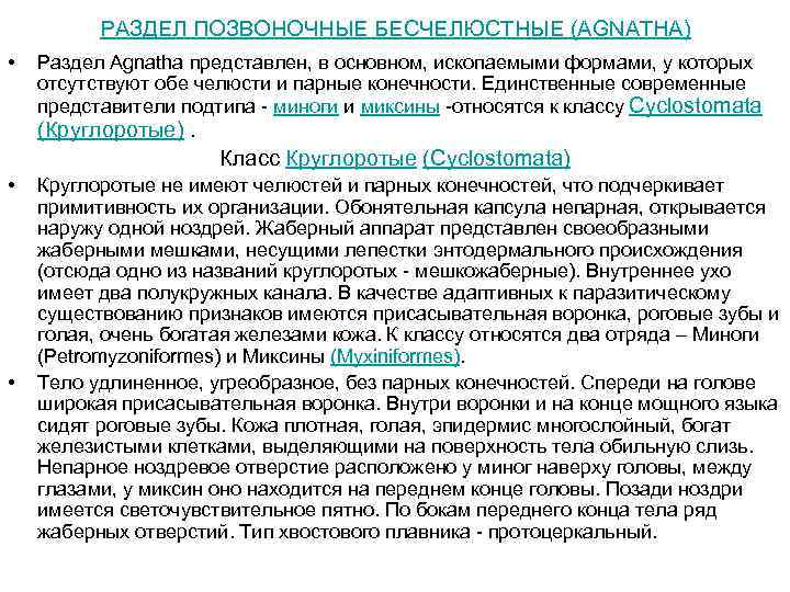 РАЗДЕЛ ПОЗВОНОЧНЫЕ БЕСЧЕЛЮСТНЫЕ (AGNATHA) • Раздел Agnatha представлен, в основном, ископаемыми формами, у которых