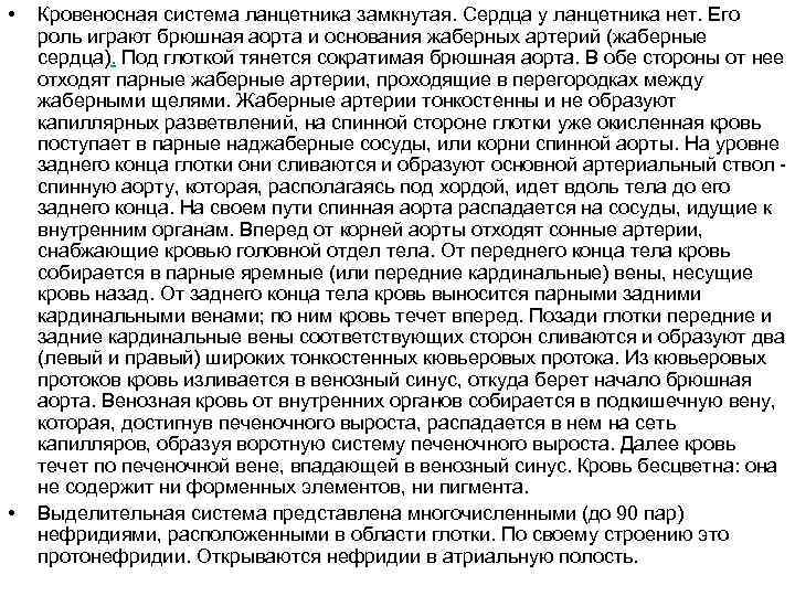  • • Кровеносная система ланцетника замкнутая. Сердца у ланцетника нет. Его роль играют