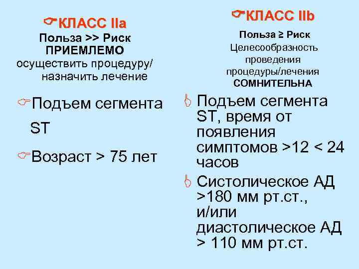  КЛАСС IIа Польза >> Риск ПРИЕМЛЕМО осуществить процедуру/ назначить лечение CПодъем сегмента ST