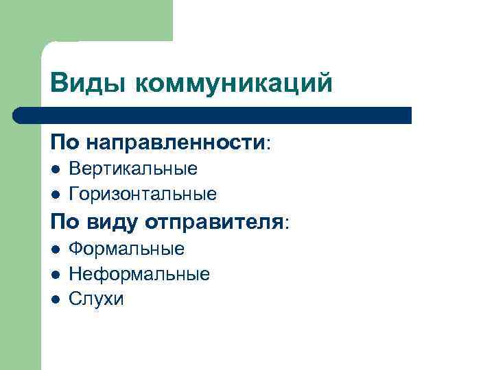 Виды коммуникаций По направленности: l l Вертикальные Горизонтальные По виду отправителя: l l l