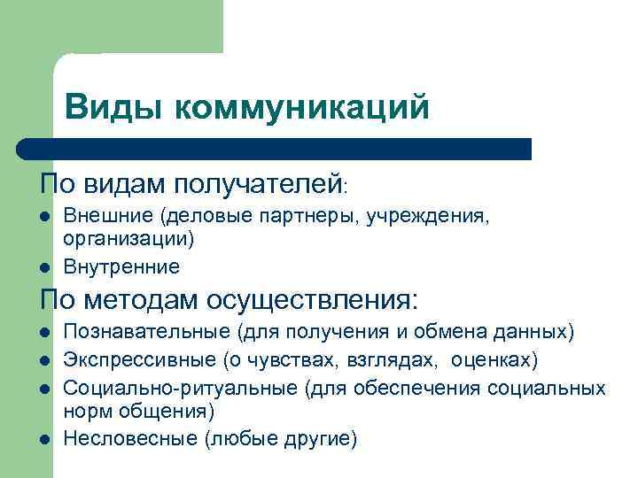 Виды коммуникаций По видам получателей: l l Внешние (деловые партнеры, учреждения, организации) Внутренние По