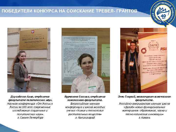 ПОБЕДИТЕЛИ КОНКУРСА НА СОИСКАНИЕ ТРЕВЕЛ- ГРАНТОВ Дерендяева Анна, студентка факультета политических наук. Научная конференция