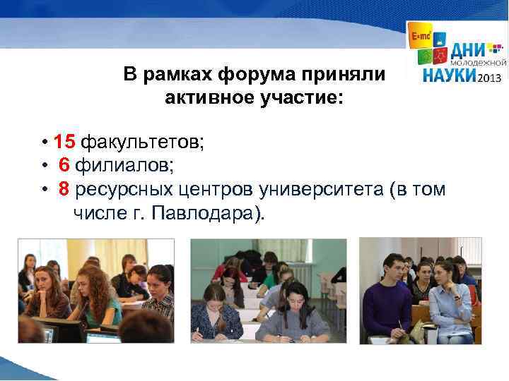 В рамках форума приняли активное участие: • 15 факультетов; • 6 филиалов; • 8