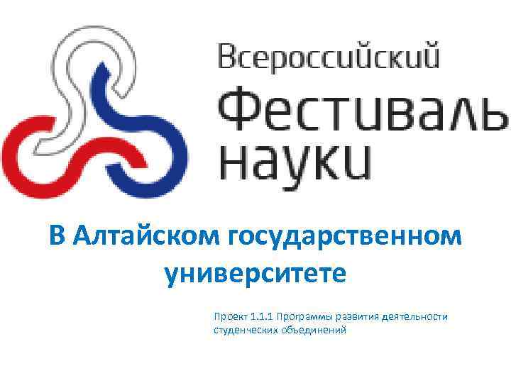 В Алтайском государственном университете Проект 1. 1. 1 Программы развития деятельности студенческих объединений 