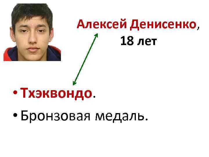 Алексей Денисенко, 18 лет • Тхэквондо. • Бронзовая медаль. 