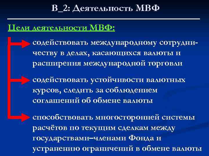 В_2: Деятельность МВФ Цели деятельности МВФ: содействовать международному сотрудничеству в делах, касающихся валюты и