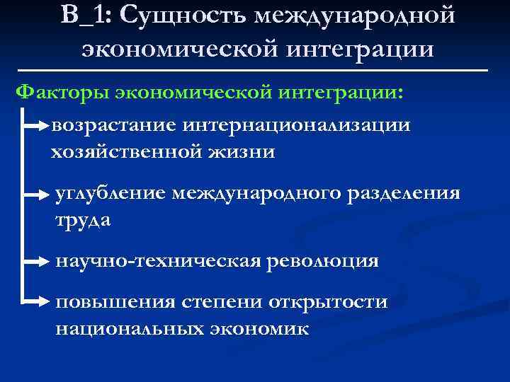 В_1: Сущность международной экономической интеграции Факторы экономической интеграции: возрастание интернационализации хозяйственной жизни углубление международного