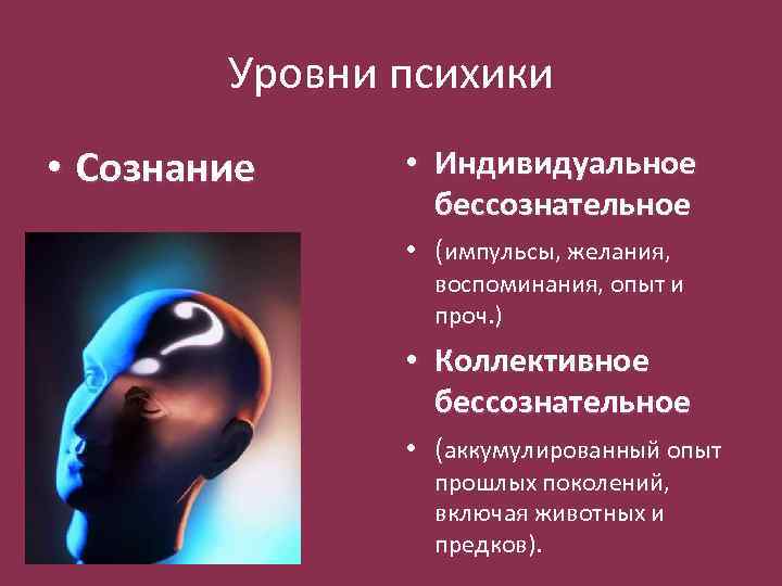 Уровни психики • Сознание • Индивидуальное бессознательное • (импульсы, желания, воспоминания, опыт и проч.