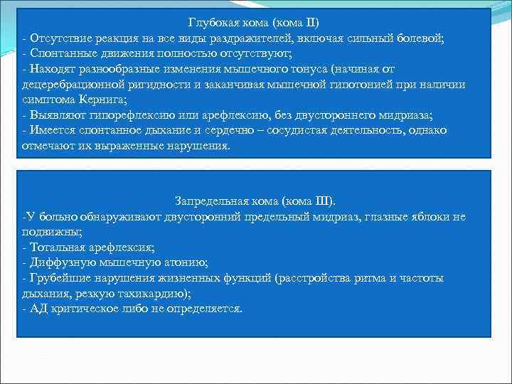 Глубокая кома (кома II) - Отсутствие реакция на все виды раздражителей, включая сильный болевой;