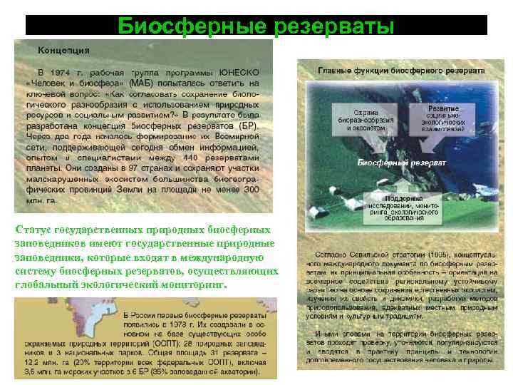 Биосферные резерваты Статус государственных природных биосферных заповедников имеют государственные природные заповедники, которые входят в