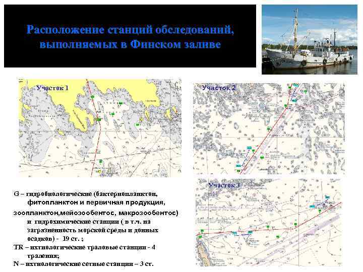 Расположение станций обследований, выполняемых в Финском заливе Участок 1 Участок 2 Участок 3 G