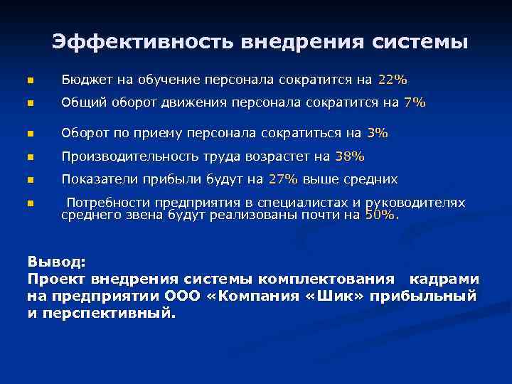 Эффективность внедрения системы n Бюджет на обучение персонала сократится на 22% n Общий оборот