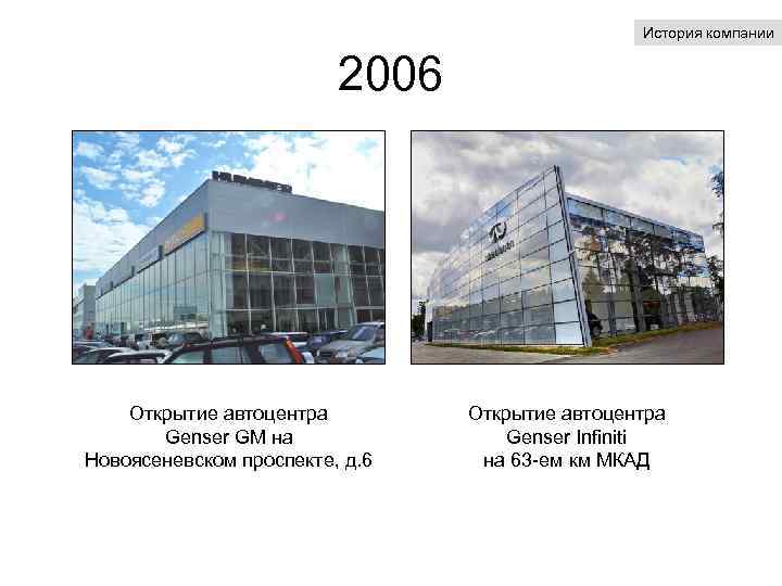 История компании 2006 Открытие автоцентра Genser GM на Новоясеневском проспекте, д. 6 Открытие автоцентра