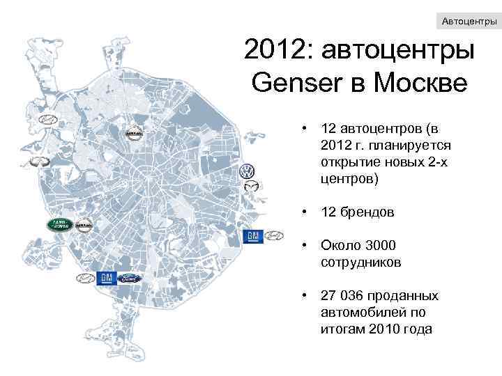 Автоцентры 2012: автоцентры Genser в Москве • 12 автоцентров (в 2012 г. планируется открытие