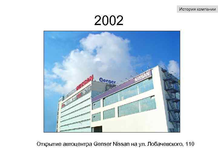 История компании 2002 Открытие автоцентра Genser Nissan на ул. Лобачевского, 110 