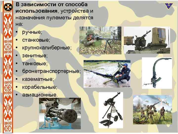 В зависимости от способа использования, устройства и назначения пулеметы делятся на: • ручные; •