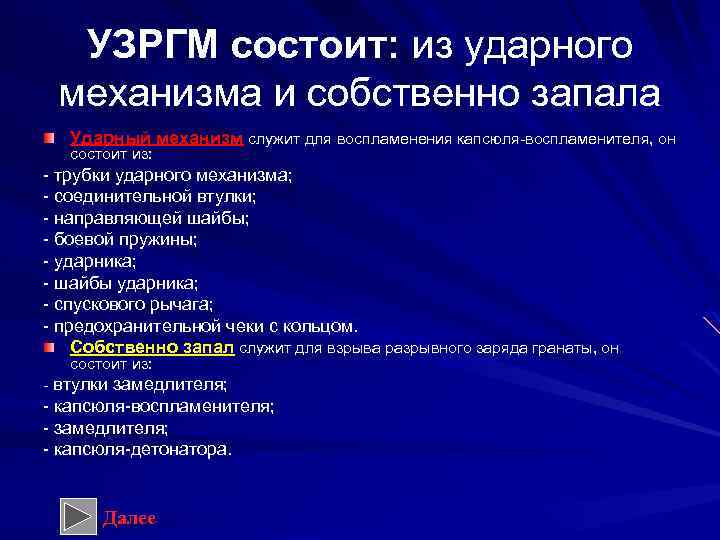 УЗРГМ состоит: из ударного механизма и собственно запала Ударный механизм служит для воспламенения капсюля-воспламенителя,