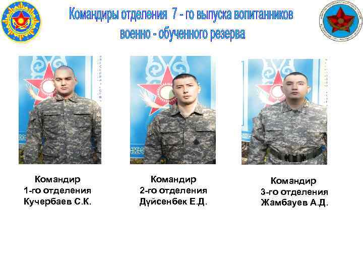 Командир 1 -го отделения Кучербаев С. К. Командир 2 -го отделения Дүйсенбек Е. Д.