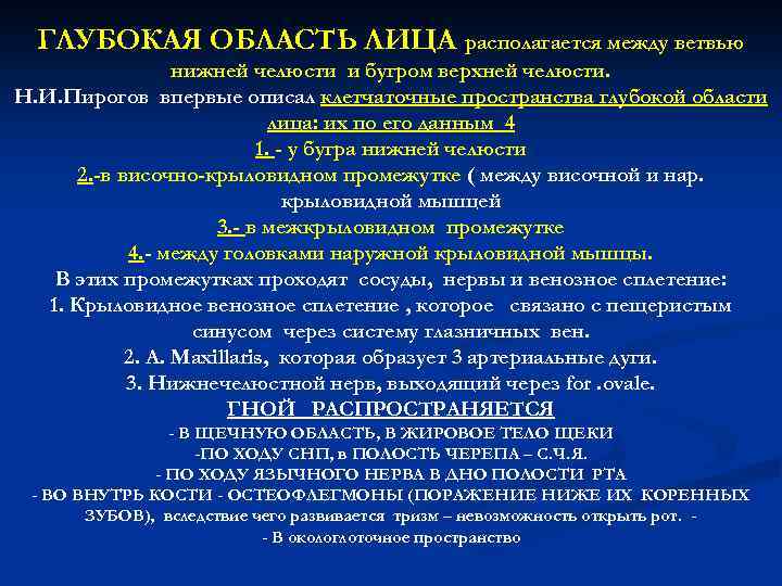 ГЛУБОКАЯ ОБЛАСТЬ ЛИЦА располагается между ветвью нижней челюсти и бугром верхней челюсти. Н. И.