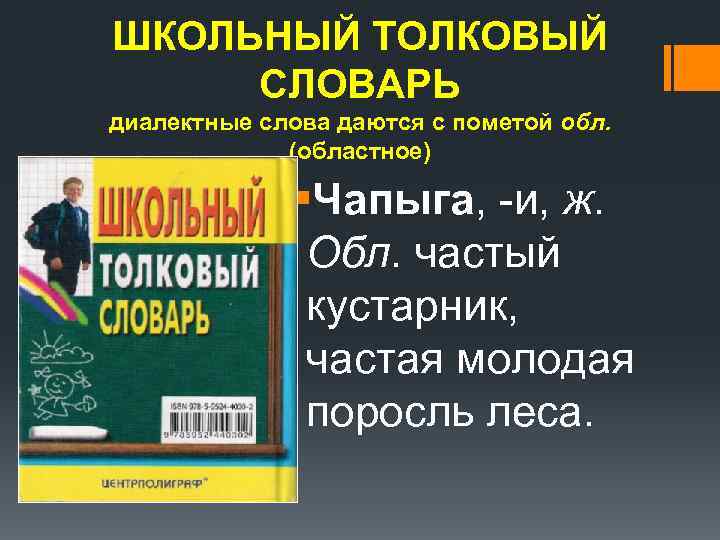 ШКОЛЬНЫЙ ТОЛКОВЫЙ  СЛОВАРЬ диалектные слова даются с пометой обл.    (областное)