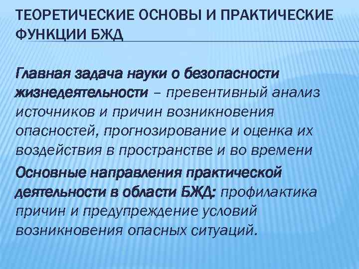 Практические основы. Теоретические основы и практические функции БЖД. Функции безопасности жизнедеятельности. Теоретические основы безопасности жизнедеятельности. Основные теоретические положения безопасности жизнедеятельности.