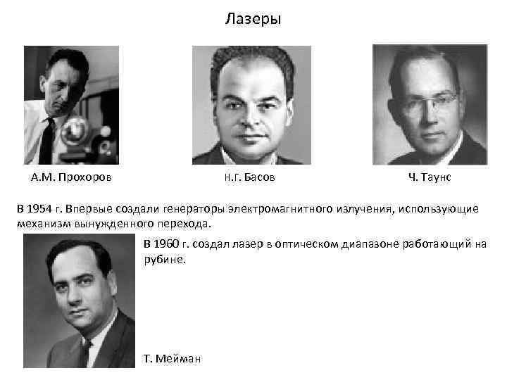 Лазеры А. М. Прохоров Н. Г. Басов Ч. Таунс В 1954 г. Впервые создали