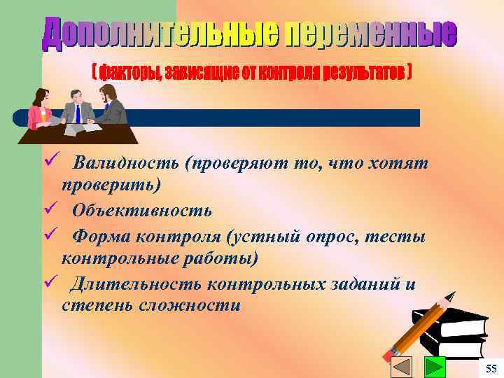 ü Валидность (проверяют то, что хотят проверить) ü Объективность ü Форма контроля (устный опрос,