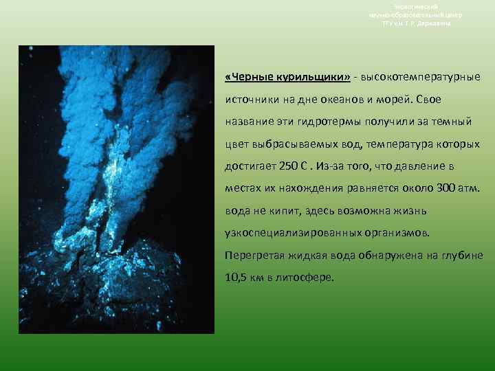 Экологический научно-образовательный центр ТГУ им. Г. Р. Державина «Черные курильщики» - высокотемпературные источники на