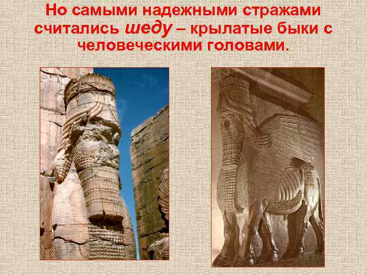 Но самыми надежными стражами считались шеду – крылатые быки с человеческими головами. 