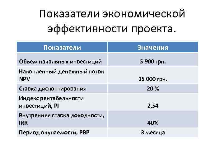 Расчет показателей экономической эффективности проекта пример