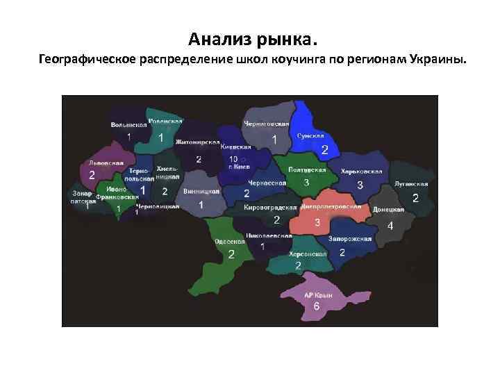 Анализ рынка. Географическое распределение школ коучинга по регионам Украины. 